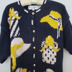 Charming Hat Intarsia Knit Sweater Navy Yellow Ramie Cotton Vintage 1990s